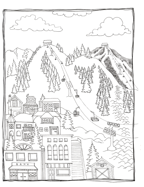 Ski Utah Mountain Village Coloring Page